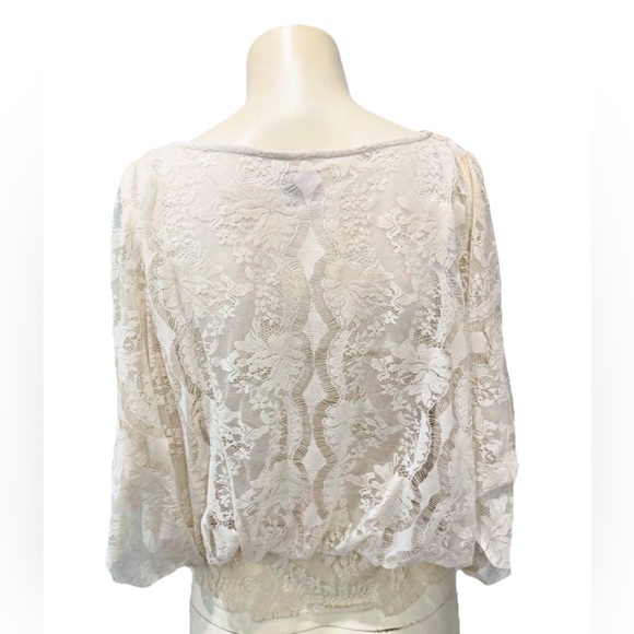 Free People Ivory Lace Boho Blouse Top XS Sheer Scalloped Hem Dolman Sleeve - Picture 6 of 13